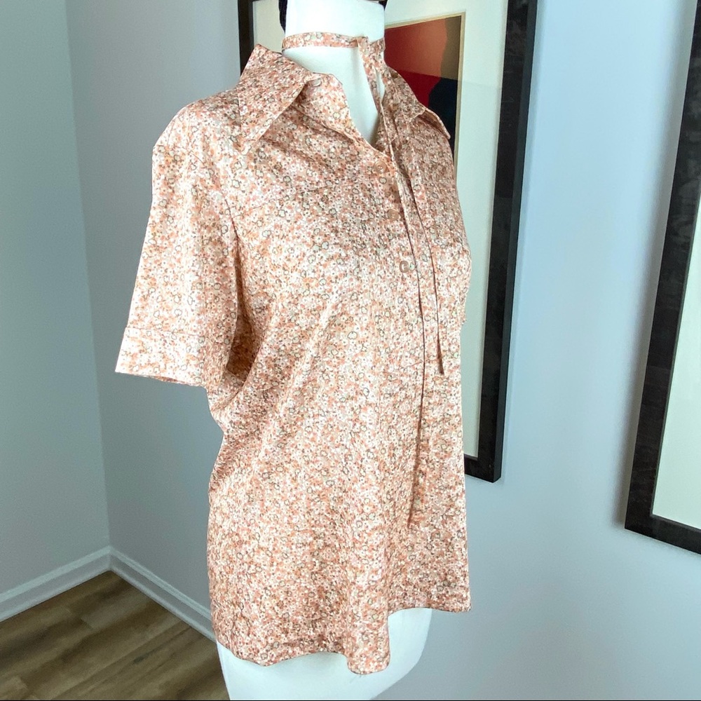 Vintage Peach Floral 60s 70s Polyester Leisure Shirt Blouse With Tie